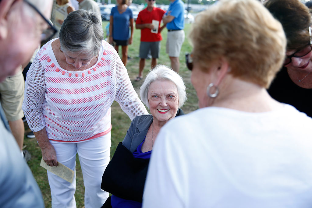 Donna Hechler, Janna Fick's mother, celebrates the dedication of the Janna Fick Labyrinth